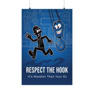 Funny crane hook safety poster PDF showing a cartoon hook chasing a worker