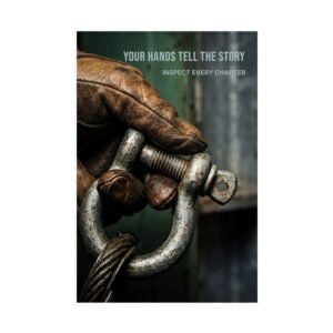 crane rigging poster showing a gloved hand holding a steel shackle and wire rope with safety message inspect every shackle