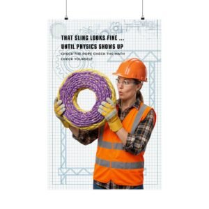 Sling physics safety meeting poster PDF showing a worker inspecting a lifting sling