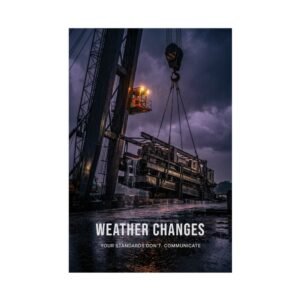 weather changes safety poster showing a crane lifting heavy load in rain and storm conditions on a construction site