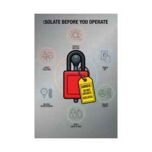Lockout tagout safety poster showing machine isolation steps with lock and tag illustration