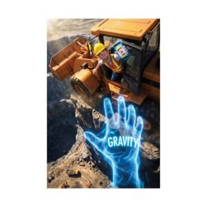 construction safety poster showing a worker reaching toward a glowing hand labeled gravity near heavy equipment
