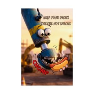 hand safety poster showing an excavator arm near a cartoon hot dog warning to keep fingers clear