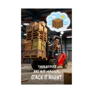 Construction safety poster stack it right showing a forklift carrying unstable pallets