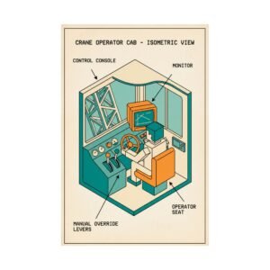 Crane control diagram poster showing an isometric operator cab schematic with labeled components