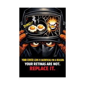 welding safety poster eye showing cracked helmet lens and spark hazard