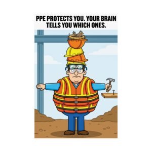 Construction safety poster PPE showing layered protective equipment reminder