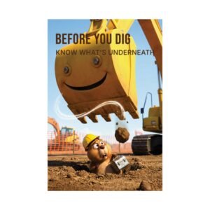 Construction safety poster before you dig showing an excavator bucket over a worker