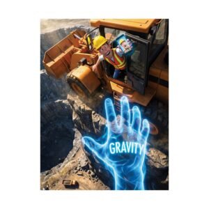 Gravity safety wall art poster showing a construction worker facing a dramatic fall risk