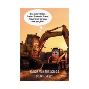 heavy equipment safety poster showing construction machines sharing safety advice at sunset