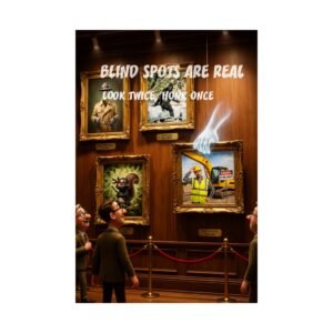 blind spots safety poster showing museum-style artwork highlighting hidden machine hazards