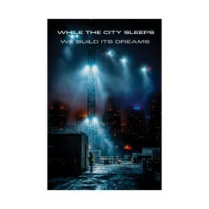 crane operator wall art featuring layered workshop imagery, blueprints, and silhouetted figures beneath an illuminated construction crane over a city skyline