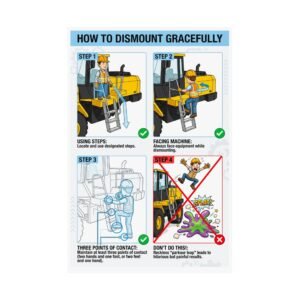 equipment dismounting safety poster showing step by step instructions for exiting construction machinery