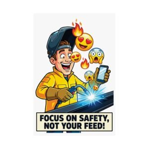 Construction safety poster focus on safety showing a welder distracted by a phone