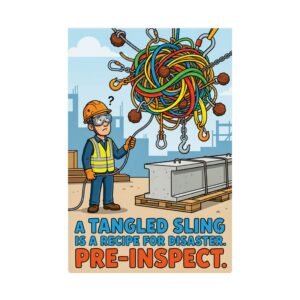 Construction safety poster tangled sling showing rigging pre-inspection warning