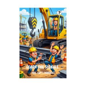 Safety posters illustrating crane hand signals on a construction site to prevent lifting accidents