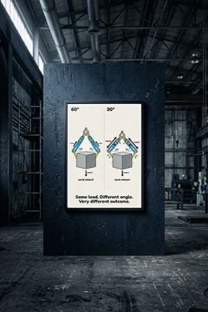 Sling angle comparison chart PDF showing 60 degree vs 30 degree rigging with the same load