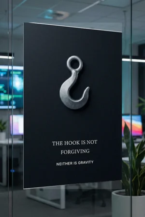 Crane hook safety poster PDF showing a single lifting hook against a dark background