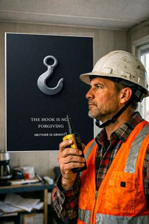 Crane hook safety poster PDF showing a single lifting hook against a dark background