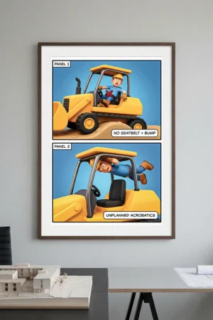 An Industrial Seatbelt Safety Poster showing a two-panel cartoon of a forklift operator without a seatbelt versus an operator being ejected.