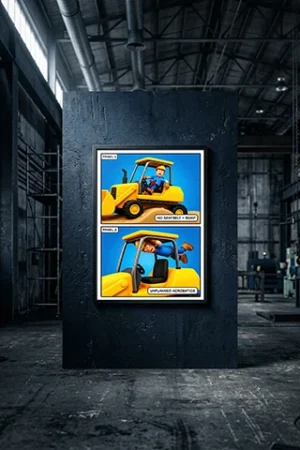 An Industrial Seatbelt Safety Poster showing a two-panel cartoon of a forklift operator without a seatbelt versus an operator being ejected.