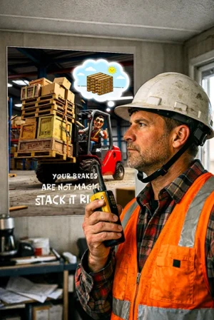 Forklift load stacking safety meeting poster PDF showing an unstable stacked pallet load