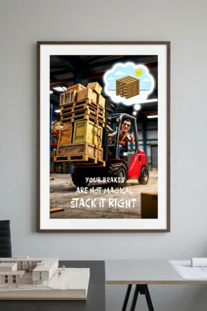 Forklift load stacking safety meeting poster PDF showing an unstable stacked pallet load