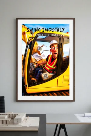 Swing control safety meeting poster PDF showing an operator reacting to sudden equipment movement
