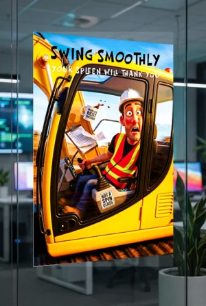 Swing control safety meeting poster PDF showing an operator reacting to sudden equipment movement