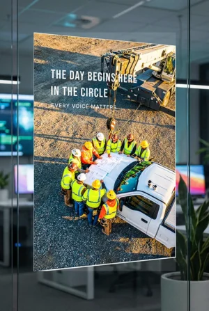 Safety meeting toolbox talk poster PDF showing a crew gathered around plans during a pre task briefing