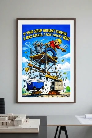Unstable setup safety meeting poster pdf showing unsafe makeshift platform