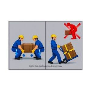 Team lifting safety poster showing two workers lifting a crate, one worker using a dolly, and a red X over a solo lifter.