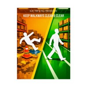 Slip trip and fall prevention poster showing a diagonal split between a cluttered hazardous floor and a clean safe walkway.