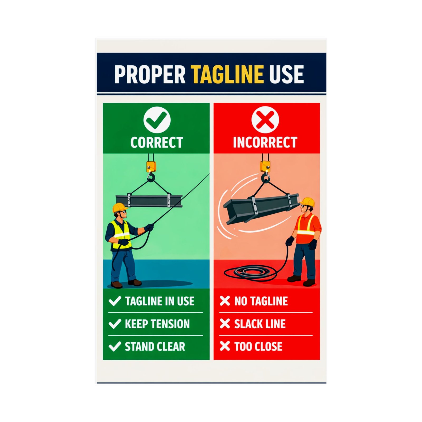 proper-tagline-use-rigging-safety-poster Proper tagline use rigging safety poster showing a side-by-side comparison of safe and unsafe load control.