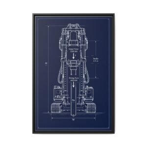 Pile Driver Technical Blueprint Technical white-line elevation drawing of a modern hydraulic pile driver on a navy-blue background highlighting hammer force and annotations