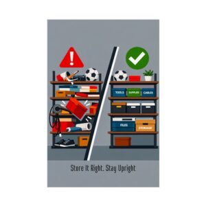 Organized storage safety poster comparing cluttered, unsafe shelving with a red falling box to tidy, labeled, green-checked shelving.