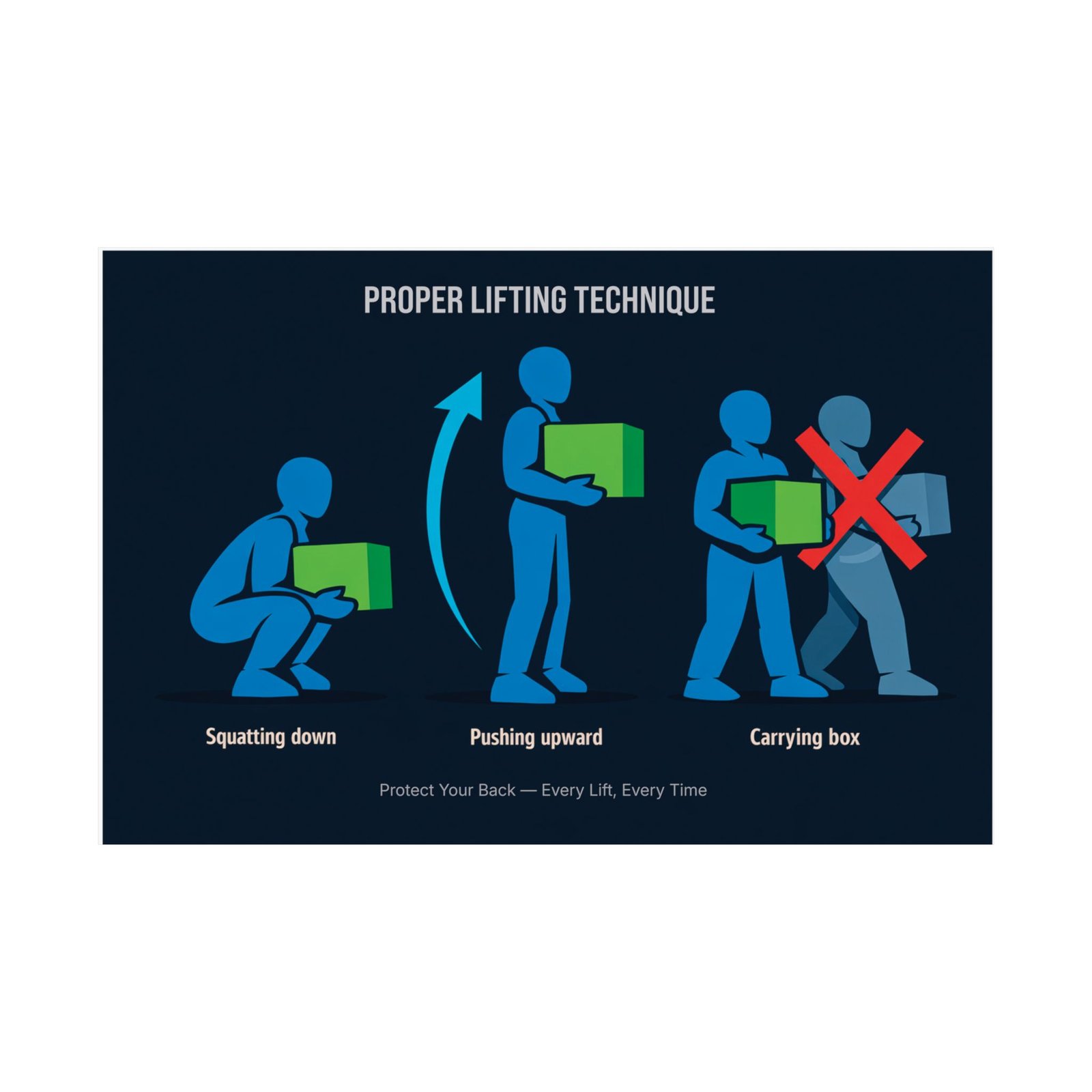 proper-lifting-technique-ergonomic-safety-poster Proper lifting technique poster showing a 3-stage visual guide for squatting, lifting with legs, and avoiding twisting.