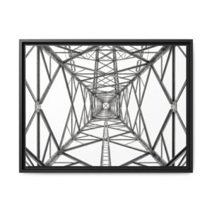Electrical Engineering Wall Art Vertical black and white photography of a high-voltage transmission tower lattice against a minimalist sky.
