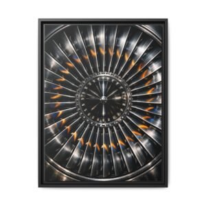 High-definition photography of a Mechanical Turbine Art Print with radial blades, high-contrast industrial aesthetic.