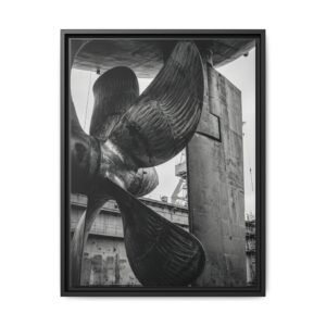 Marine Engineering Art Print Vertical black and white photography of a massive cargo ship propeller with detailed brass texture and industrial scale.
