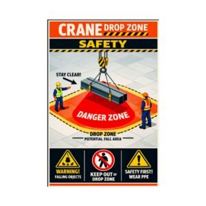 Crane drop zone safety poster visualizing a red danger zone and falling object hazards beneath a suspended load.