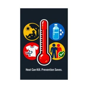 Heat stress safety poster showing a red thermometer and icons for hydration, shade, and the buddy system.