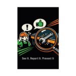 Near miss reporting safety poster showing a worker noticing a slipping wrench through a magnifying glass with a thumbs-up icon.