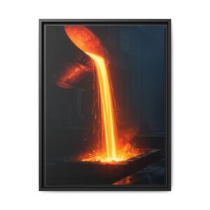 Industrial Metallurgy Art Print Vertical photography of a molten metal pour from a dark crucible into a mold, glowing orange and white-hot yellow with scattering sparks.