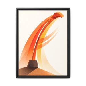 Abstract Industrial Motion Art Vertical abstract illustration of an excavator arm's motion arc in terracotta and amber tones on a textured off-white background.