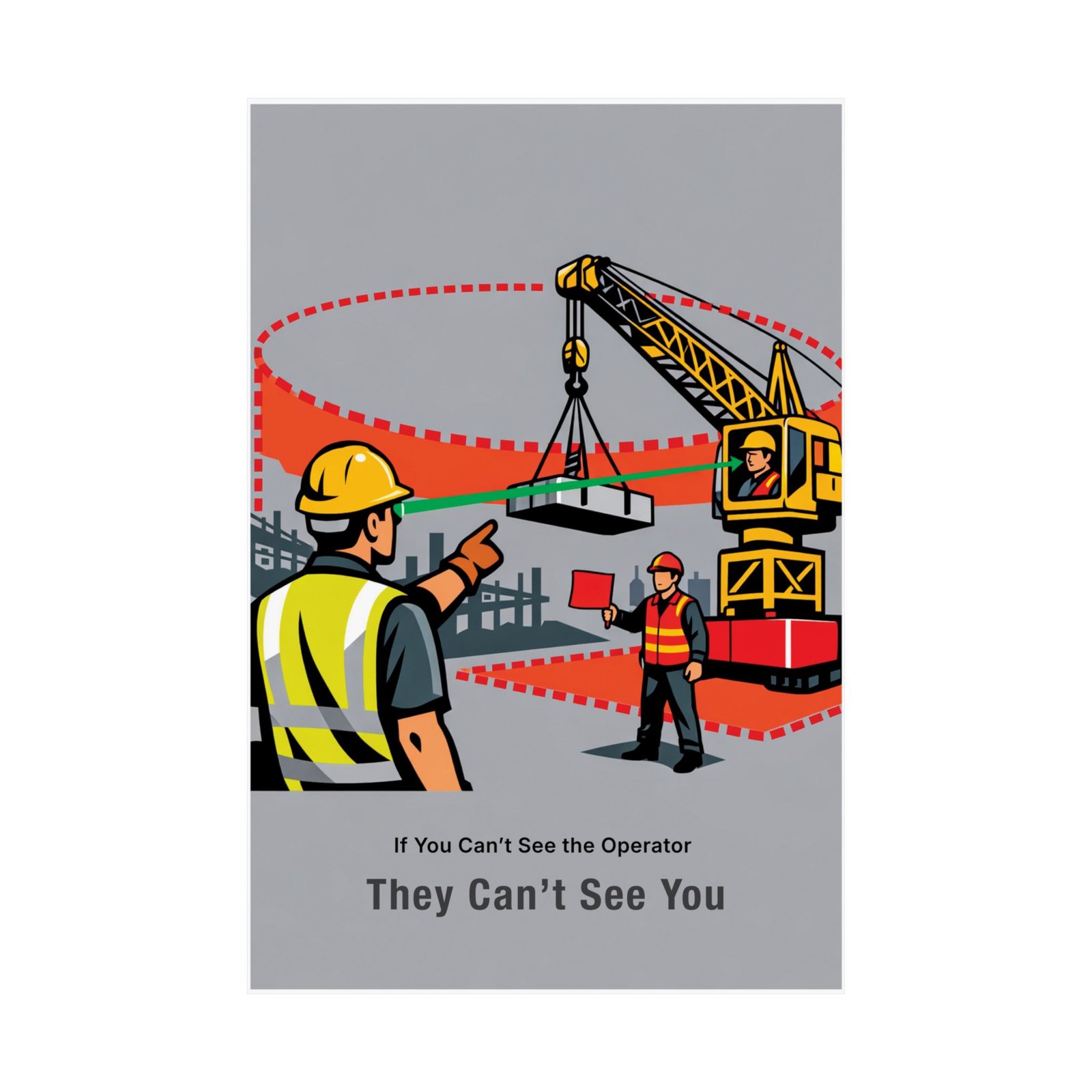 crane-operator-visibility-site-communication-poster Crane safety poster showing a green line of sight between a worker and operator with a red dashed swing radius zone.