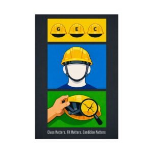 Hard hat safety training poster with three tiers showing helmet classes, proper fit, and a magnifying glass inspecting a crack.