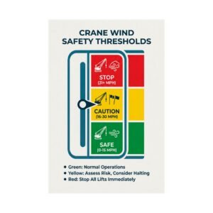 Crane wind safety thresholds poster featuring a vertical color-coded gauge for safe, caution, and stop wind speeds.