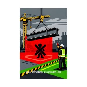 Crane struck-by safety poster showing a suspended I-beam, a red danger zone, and a worker giving a hand signal.