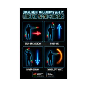 Crane night operations safety poster illustrating lighted wand hand signals with neon motion trails on a dark background.